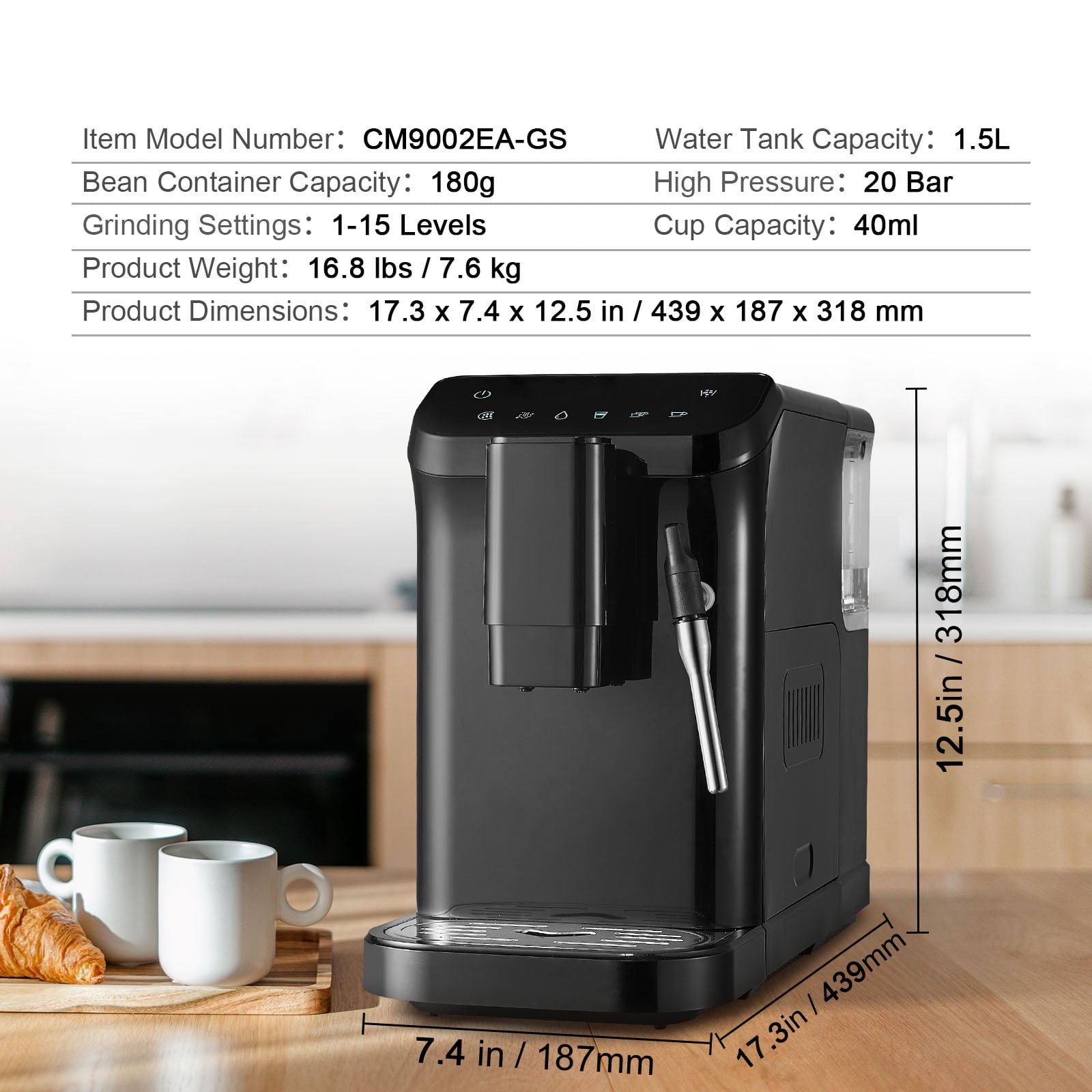 KFFKFF Automatic Espresso Machine with 20 Bar Pressure, Coffee Maker Featuring Steam Wand, Integrated Grinder with 15 Adjustable Settings, and 1.5L Water Reservoir for Professional Brewing