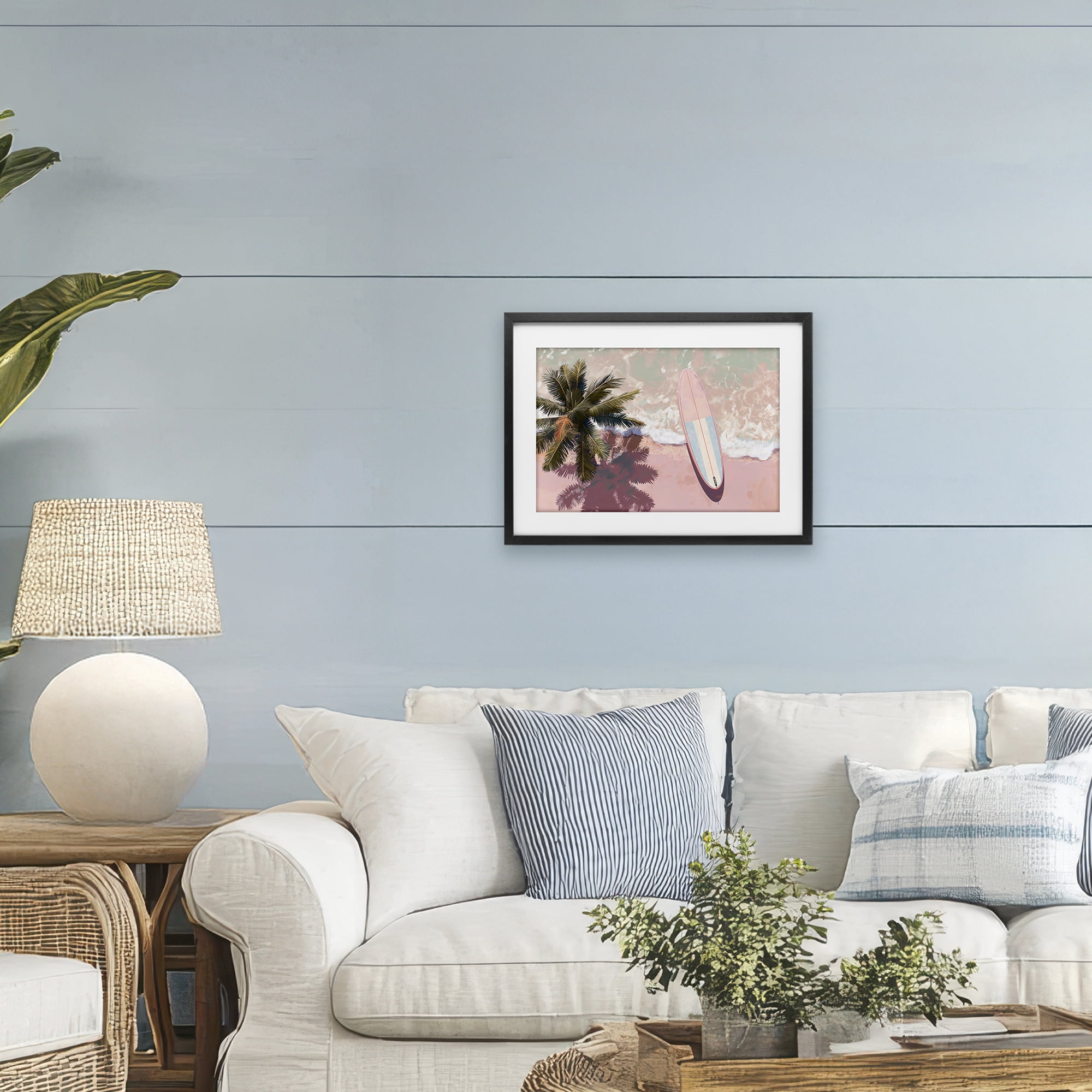 Stupell Industries Blush Pink Surfboard & Palm Black Framed Print Under Glass, design by Jacky Ngan