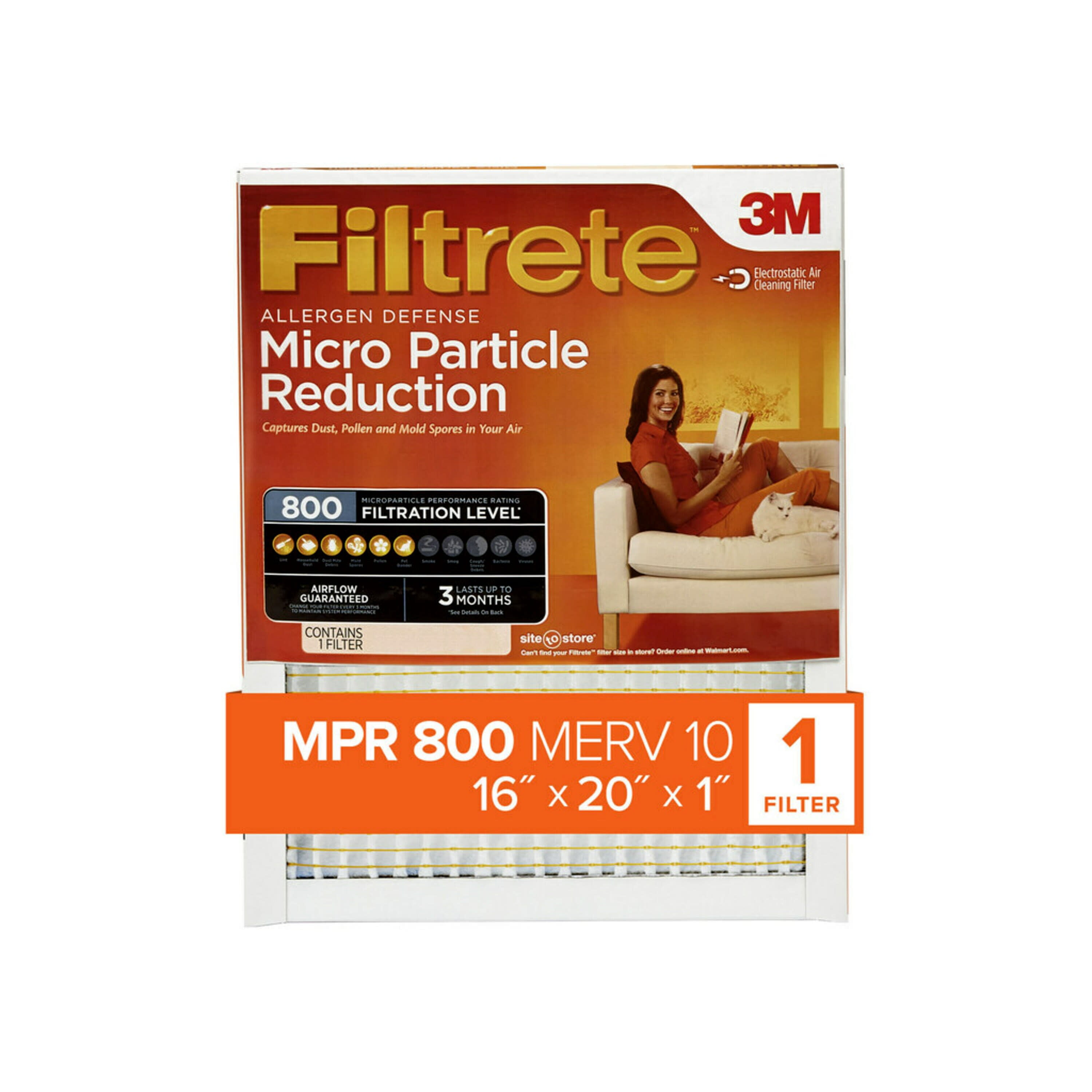 Filtrete by 3M, 16x20x1, MERV 10, Micro Particle Reduction HVAC Furnace Air Filter, Captures Pet Dander and Pollen, 800 MPR, 1 Filter