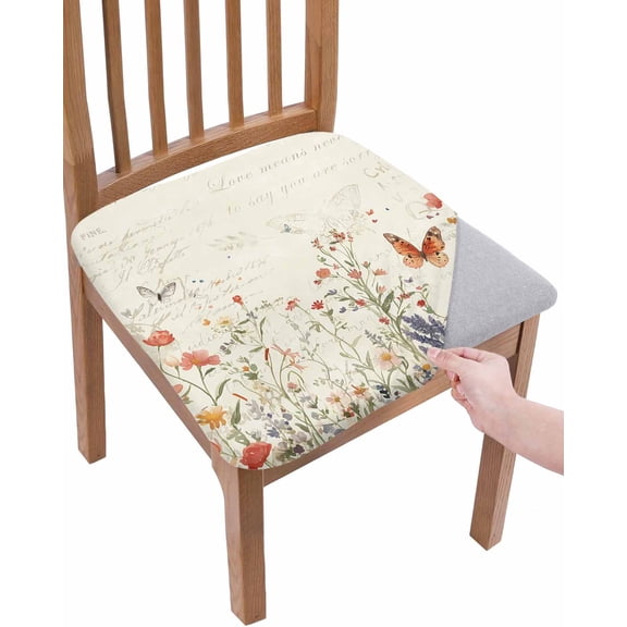 Retro Spring Floral Chair Seat Covers for Dining Room Stretch Chair Seat Covers Set of 2, Botanical Colorful Summer Butterfly Chair Seat Protector Cushion Slipcovers for Kitchen Restaurant Office