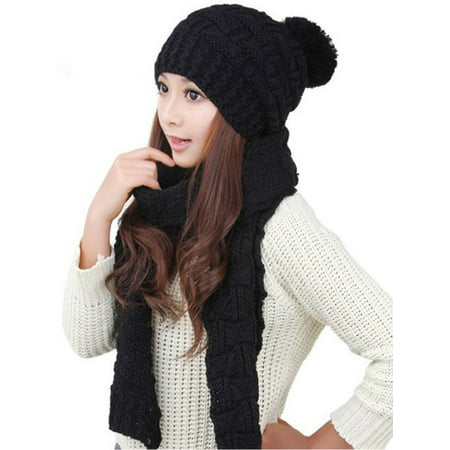 Womens Winter Warm Crochet Knitted Hat Ladies Thick Fleece Fur Pom Cap Scarf Set