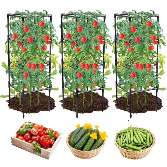 MQHUAYU 3-Pack 41.7'' Heavy-Duty Green Tomato Cages - Rust-Resistant Coated Steel Plant Supports with 20 Clips | Ideal for Climbing Vegetables, Flowers & Fruits