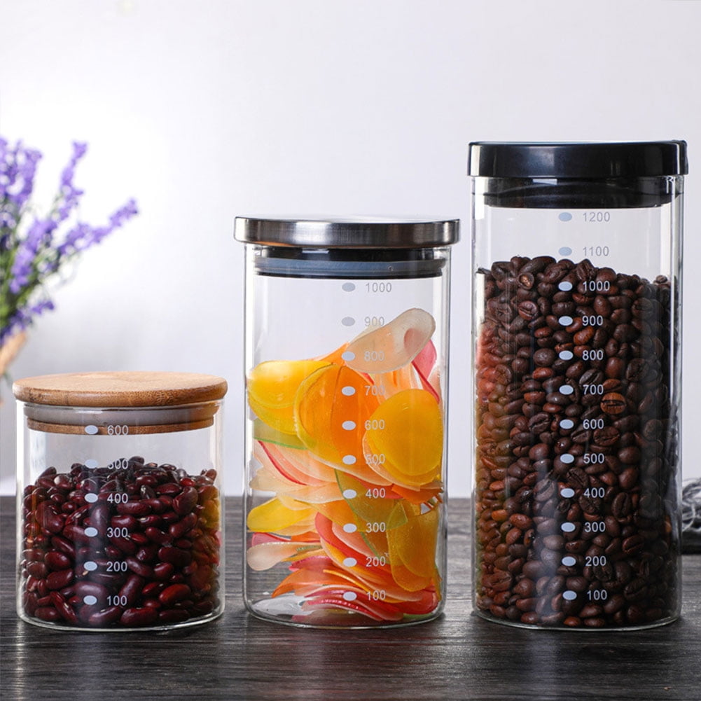 Food Storage Containers – Set of 3 Glass Jars with Stainless Steel Lids –  Square Glass Containers for Coffee, Spices, Beans and Food – Reinforced Lid