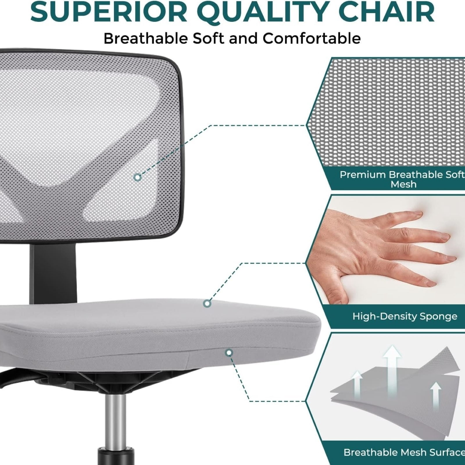 Kelno Small Desk Chair with Wheels Armless Low-Back Office Chair Ergonomic Adjustable Computer Desk Chair with Lumbar Support,Gray