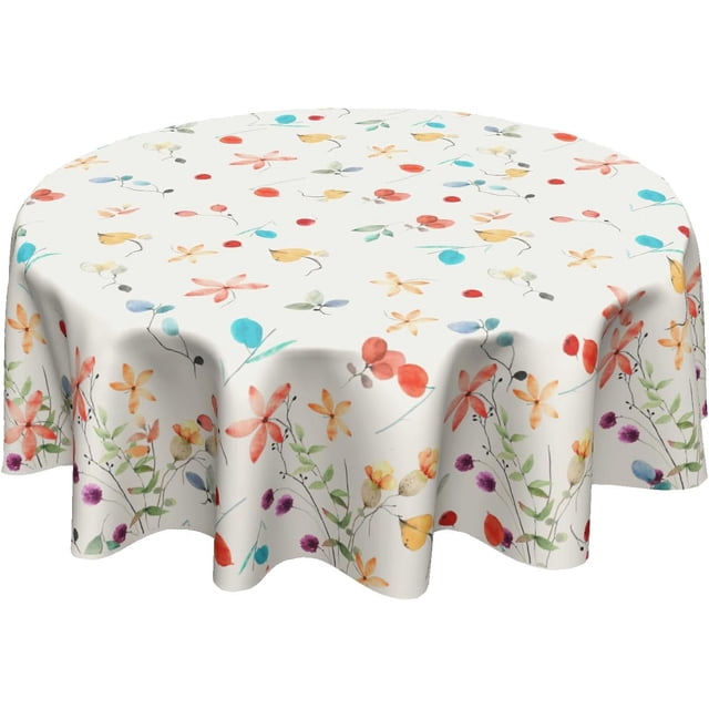 Watercolor Flowers Spring/Summer Tablecloth Orange Blue leaf Round Tablecloth 60 Inch Wild Flower Table Cloth for Farmhouse Kitchen Decor Polyester Spring Table Cover for Party Outdoor Camping