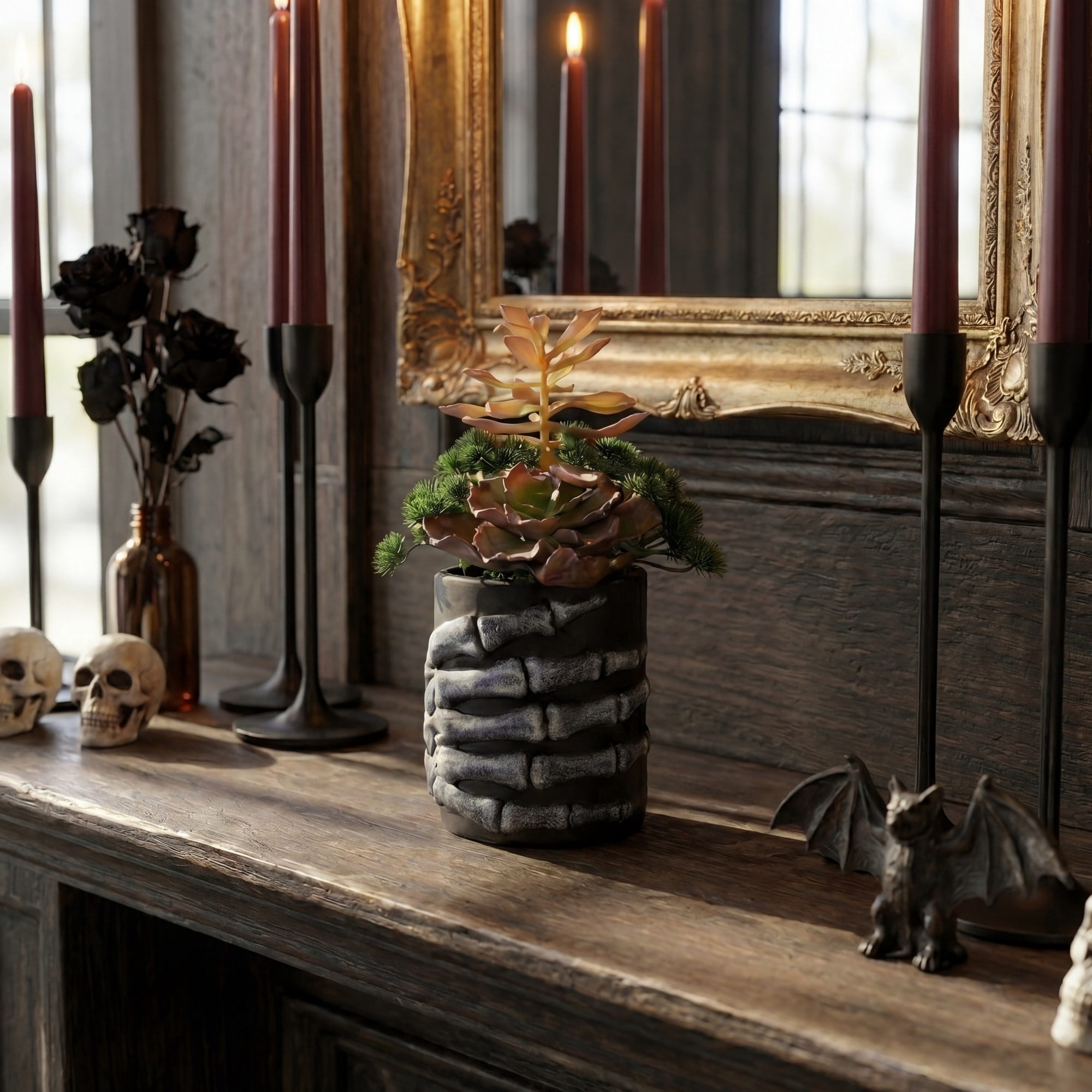 9in. Artificial Halloween Succulent Garden in Skeleton Hand Planter