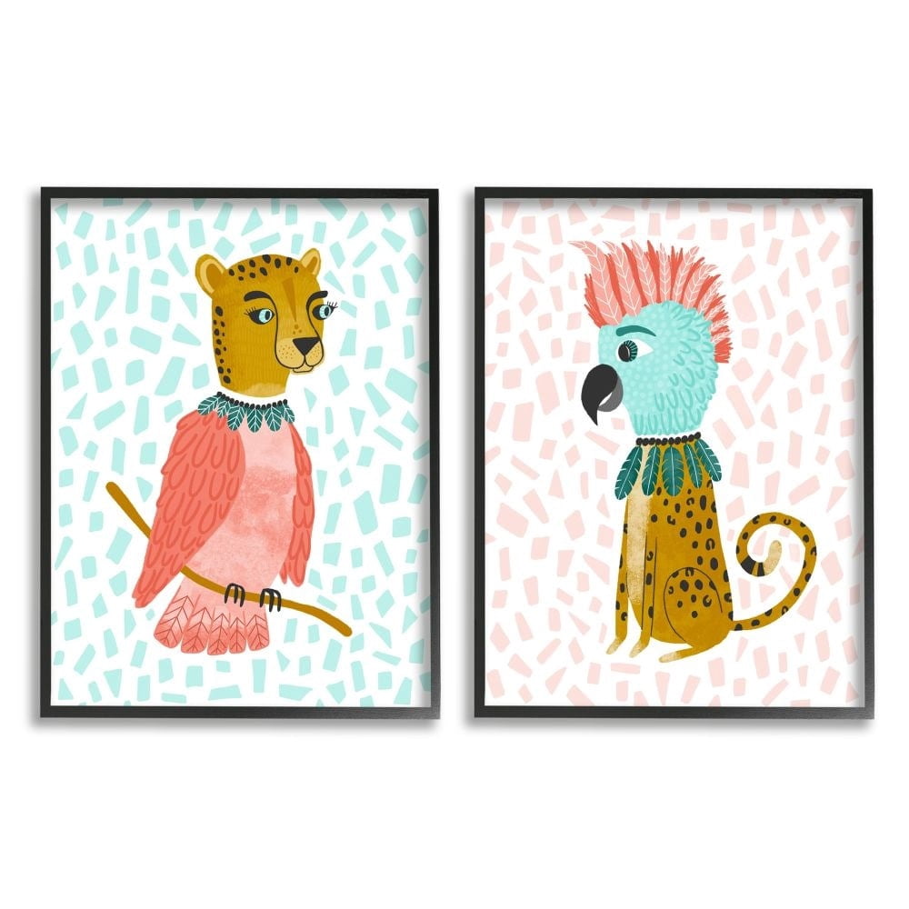 Stupell Industries Cheetah Bird Playful Animal Pastel Mix Up Framed Wall Art Design by Molly Fabiano, 2 Piece, 16" x 20", Black Framed