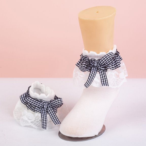 CHCNHAC 2 Pairs Black Girls Lace Ruffle Socks, Princess Bowknot Cotton Ankle Socks with Polka Dot, Soft Frilly Socks for Toddlers Kids Baby, Cute Dress Party School Gift
