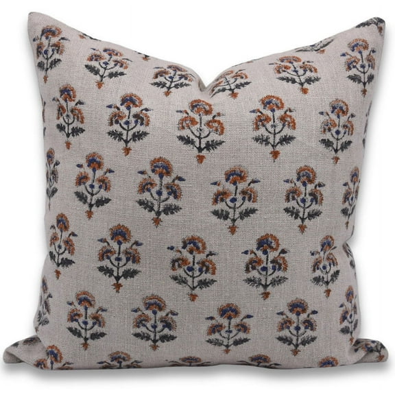 Fabdivine Block Print Throw Pillow Cover, 24x24 Inch Thick Linen Vintage Cushion Cover, Floral Print Boho Design Blue Pillow Cover for Sofa and Couch