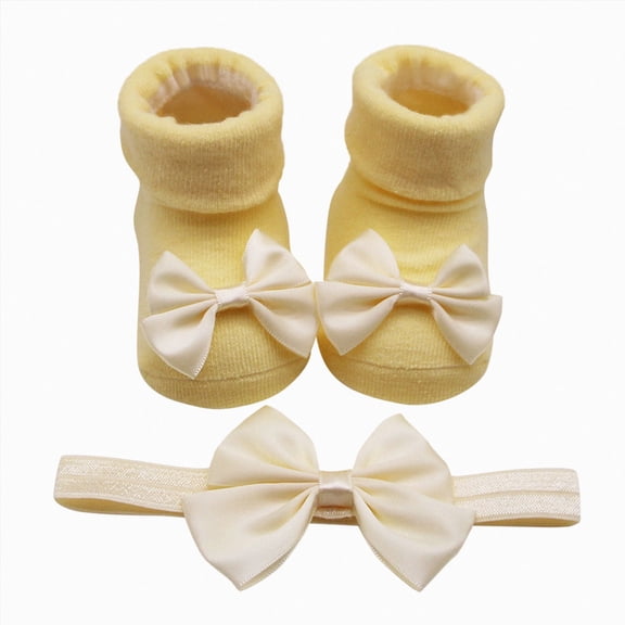 WUANDIXFA Cotton Baby Socks Cute Soft Newborn Baby Kids Socks Soft Bottom Toddler Shoes Socks Bowkot Princess Socks Floor Socks Bow Hairband,Yellow,0-6 Months