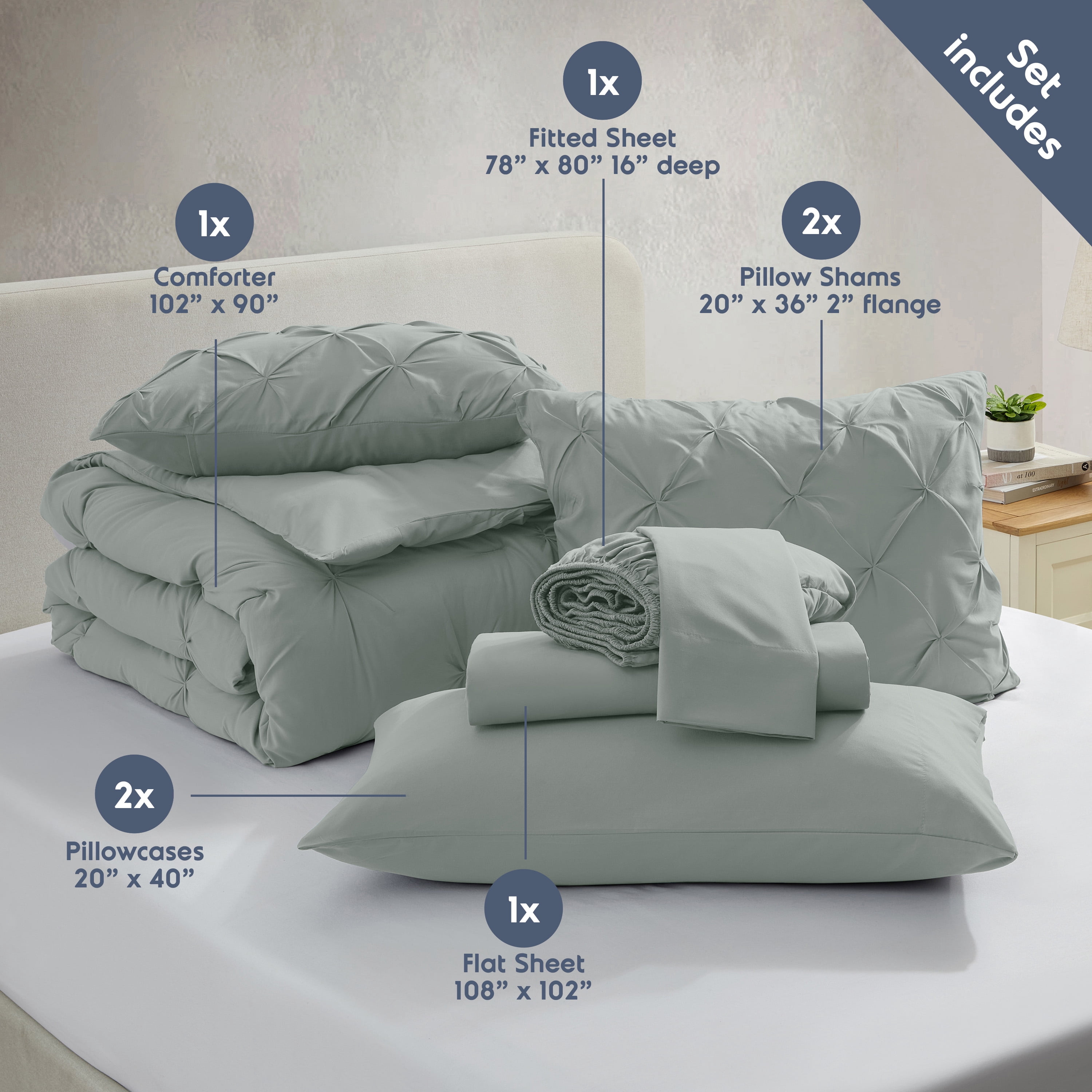 LammaLoe King Size comforter Sets, 7 Piece Bed In A Bag Pintuck Bedding Sets, Sage Green
