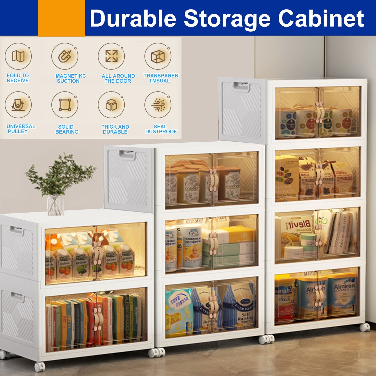 Storage Bins with Lids- 5 Tier Folding Storage box with Doors and Wheels, Collapsible Plastic Storage Bins for Closets, Stackable Storage Organizer, Storage Containers for Closet, White