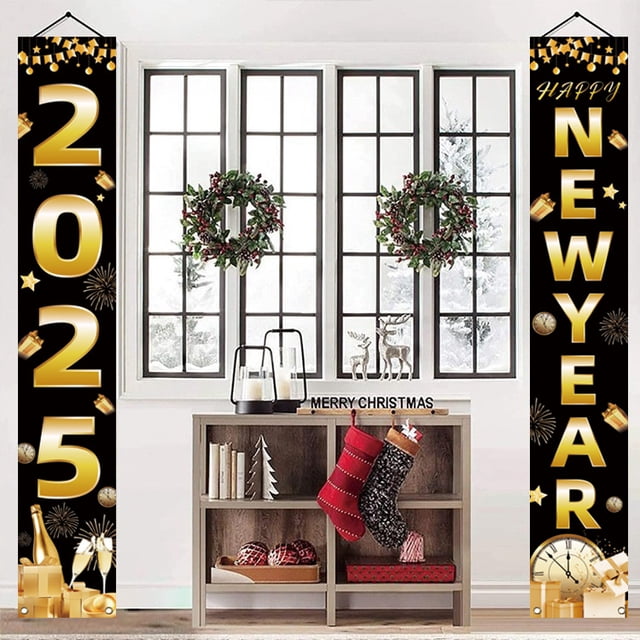 2025 Black New Year Front Porch Hang Door Banners,New Years Eve Party Supplies,New Year Door Banner Sign Set for Home,Yard,Wall