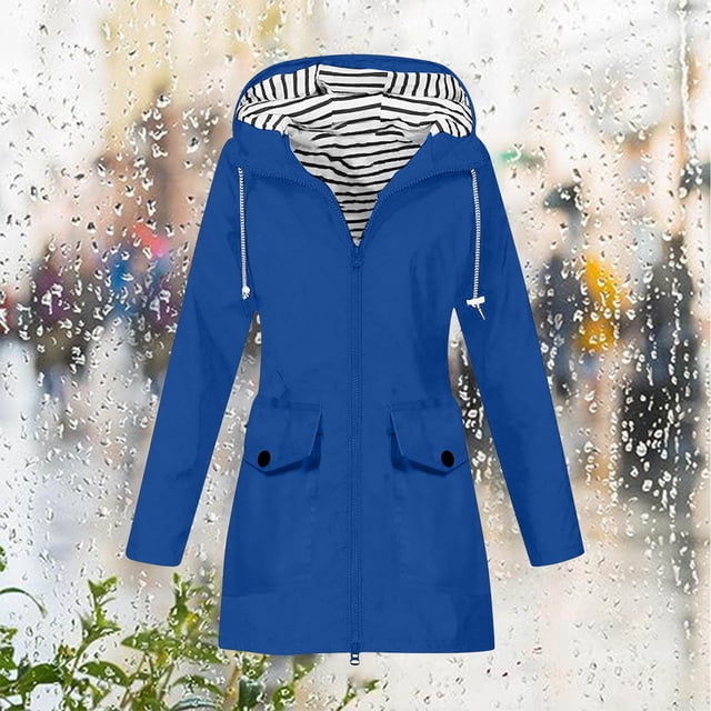 LOVZFMLL Jackets for Women Solid Color Rain Jacket Outdoor Hooded Windproof Loose With Pocket Coat