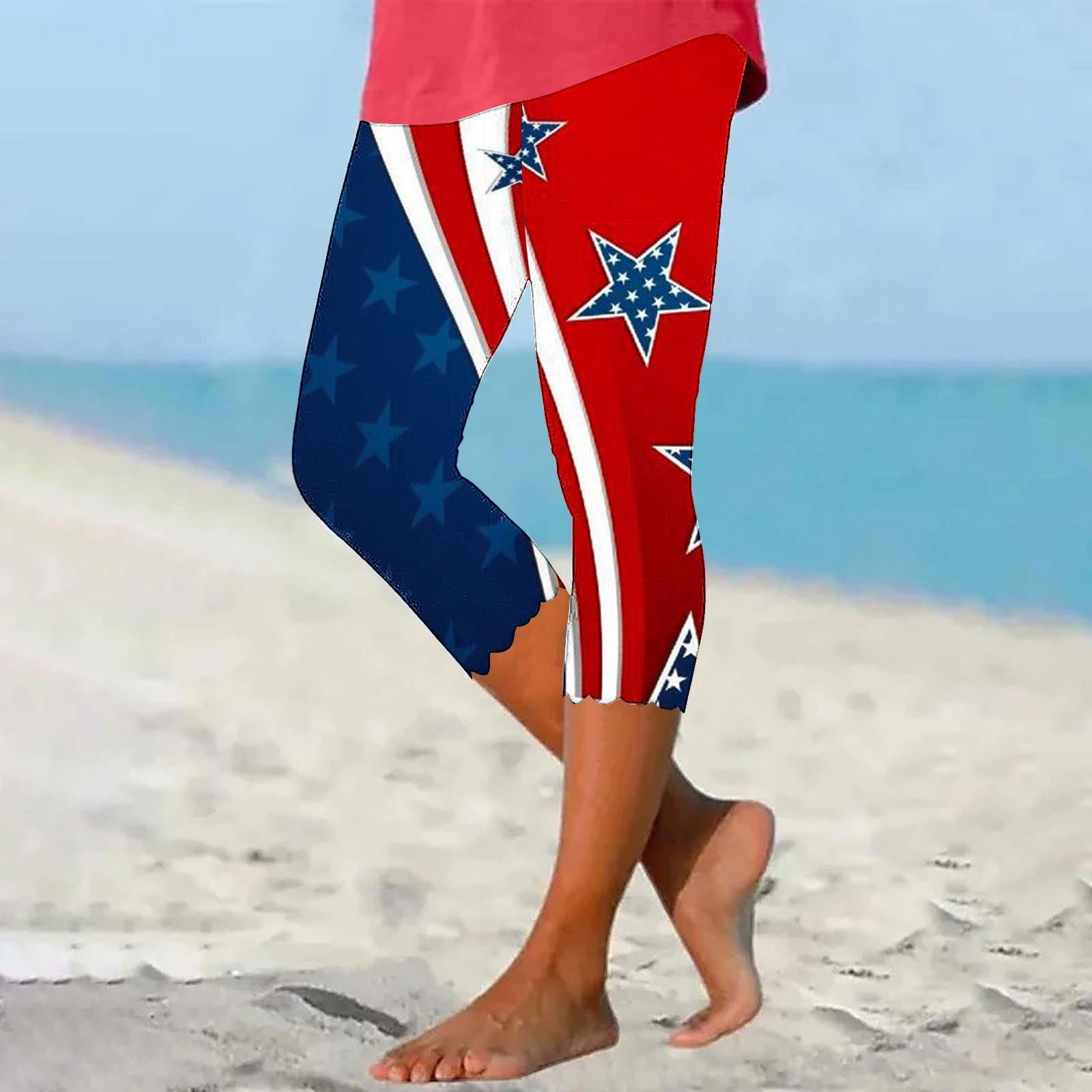 lcziwo Patriotic Capri Leggings for Women Women s American Flag Capri Leggings 4th of July Patriotic Stripe Yoga Pants High Waist Soft 3 4 Length