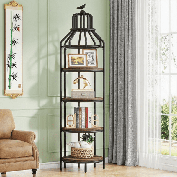 4-Tier Birdcage-Shaped Corner Bookshelf, Vintage Wood Grain & Black Metal Frame, 25lbs/Shelf, Multi-Functional for Living Room/Bedroom/Balcony