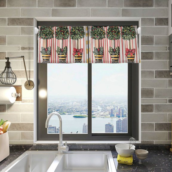 Yayeee Kitchen Valance Rod Pocket 54" x 18" Living Room Window Curtain, Stripes Trees