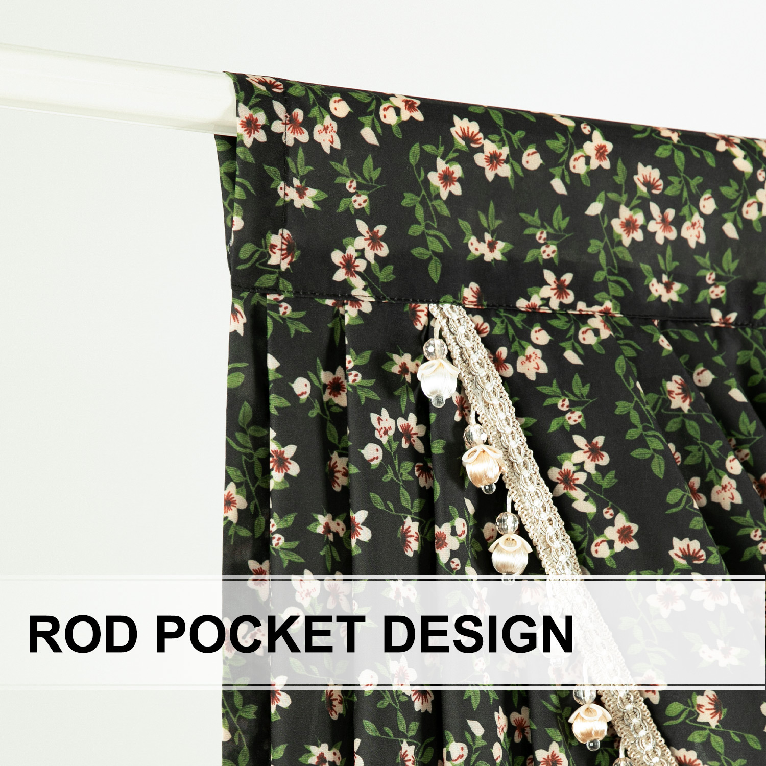 VOGOL Waterfall Valance 59" Wide Pink Cherry Blossoms on Black Sheer Voile, Farmhouse Vintage with Beaded Tassels