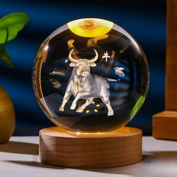 3.14in 3D Cattle Crystal Ball Engraved with WoodenBase, Figurines Gift for Men Women Glass Decor Ball for Home Decor