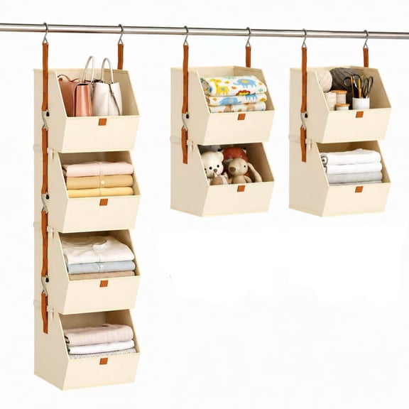 Hanging Closet Organizer 4 Tier, Clothes Hanging Shelves with Fabric Storage Bins, Space-Saving Closet System, Collapsible Closet Shelves for Bedroom, Home, Dorm, RV