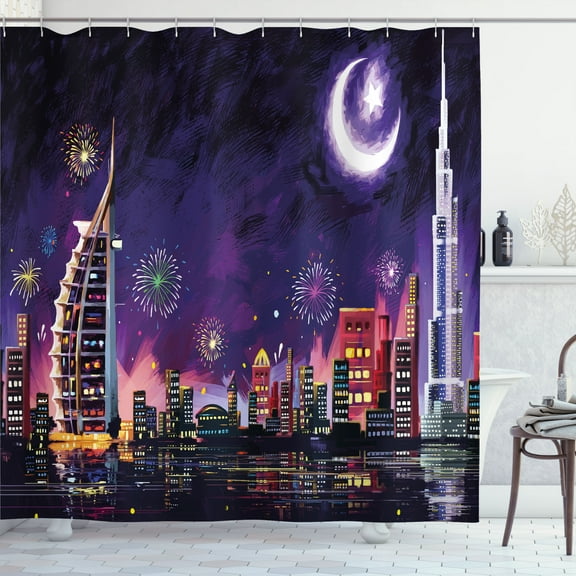 Ambesonne Scenery Shower Curtain, Night Dubai Skyscraper, 69"Wx75"L, Purple