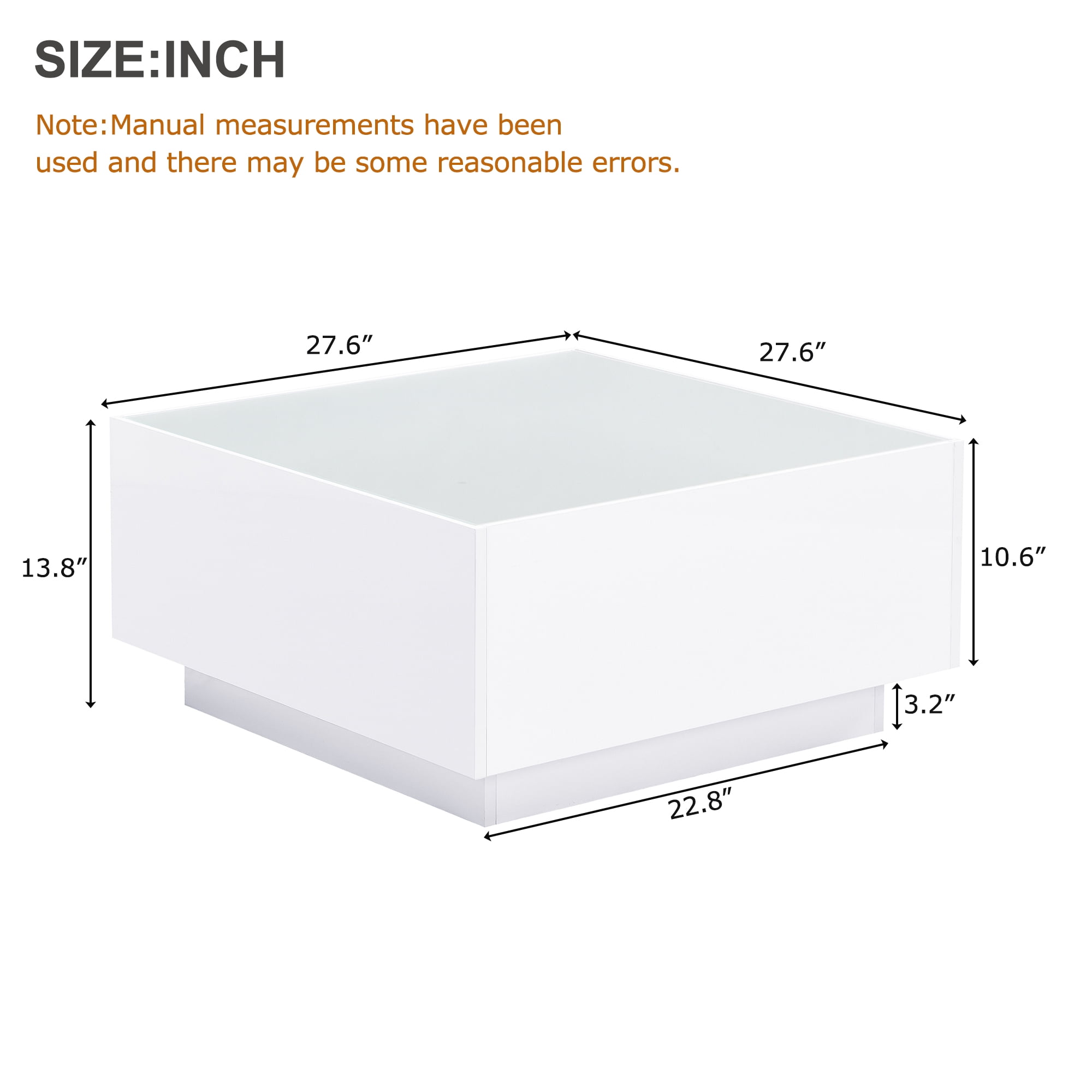 MAYEERTY Square High Glossy Coffee Table with 16-Color LED Strip Lights, Modern Center Table with 5mm Frosted Tempered Glass Top for Living Room, White, 27.5*27.5in