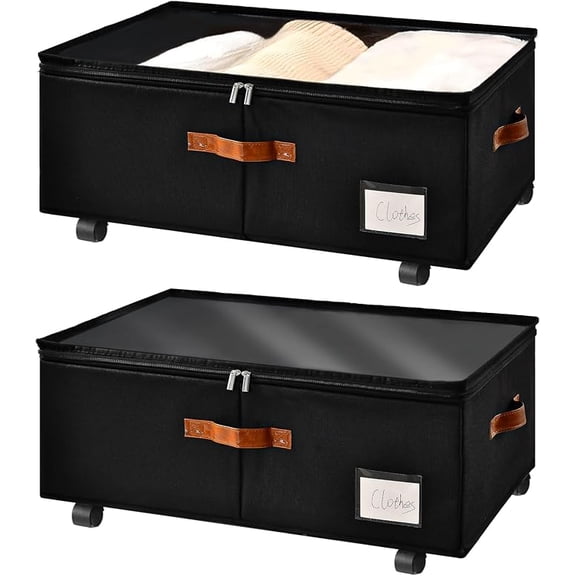 VOZOGO 2 Pack Under Bed Storage Containers with Wheels Under Bed Organizers and Storage Bins with Clear Lid and Handles Under the Bed Drawers for Sheets, Blanket, Clothing, Sweaters, Pillows