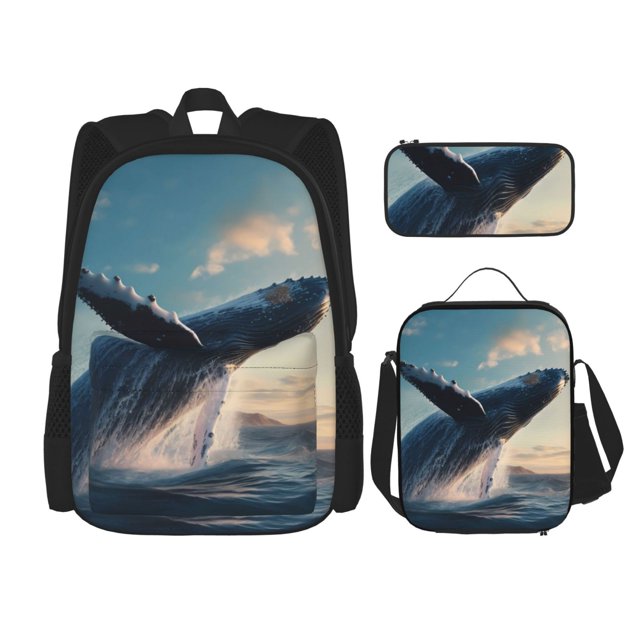 Easygdp Dancing Whale Mochila para Niños y Niñas con Set de Caja de Almuerzo y Estuche para Lápices 3 en 1, Mochila Escolar Estampada para Adolescentes