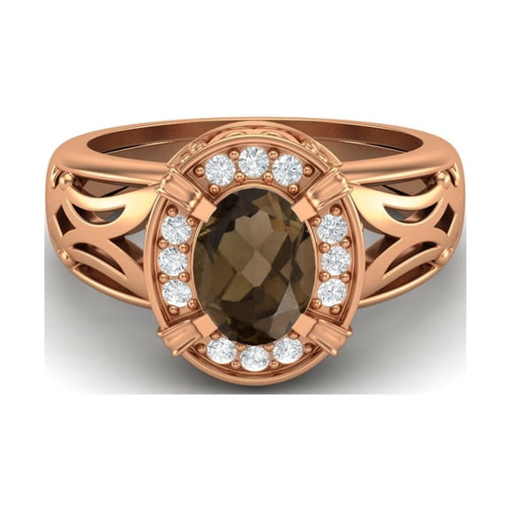 8x6mm Oval Smoky Quartz 925 Sterling Silver Rose Vermeil Filigree Celtic Mother's Day Gift Ring