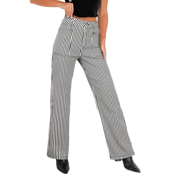 Women's Black Stripe High Waist Shift Denim Jeans – Casual Wide Leg Style for Everyday Wear, 16