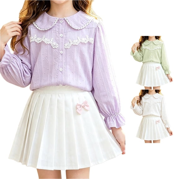 WhouRiu Girls Back To School Blouses Long Sleeve Solid Color Button Down Shirts Kids Comfortable Cute Casual Summer Ruffle Shirts,15-16 Years