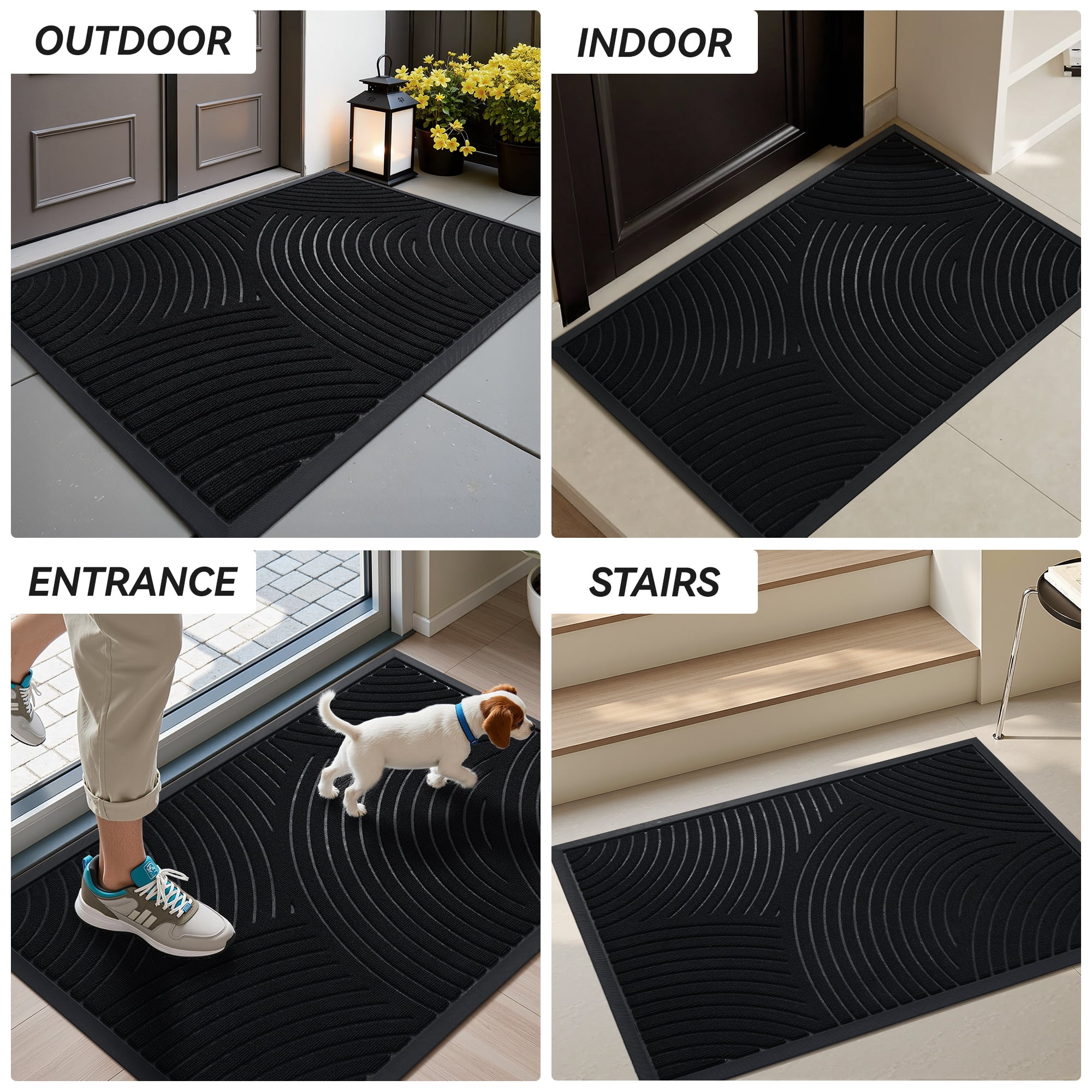 FEELHOME 17"x30" Non Slip Outdoor Doormat Absorbent Front Door Mat Rubber Welcome Mat for Indoor Outdoor Use Low Profile Dirt Trapper Entryway Rug Black