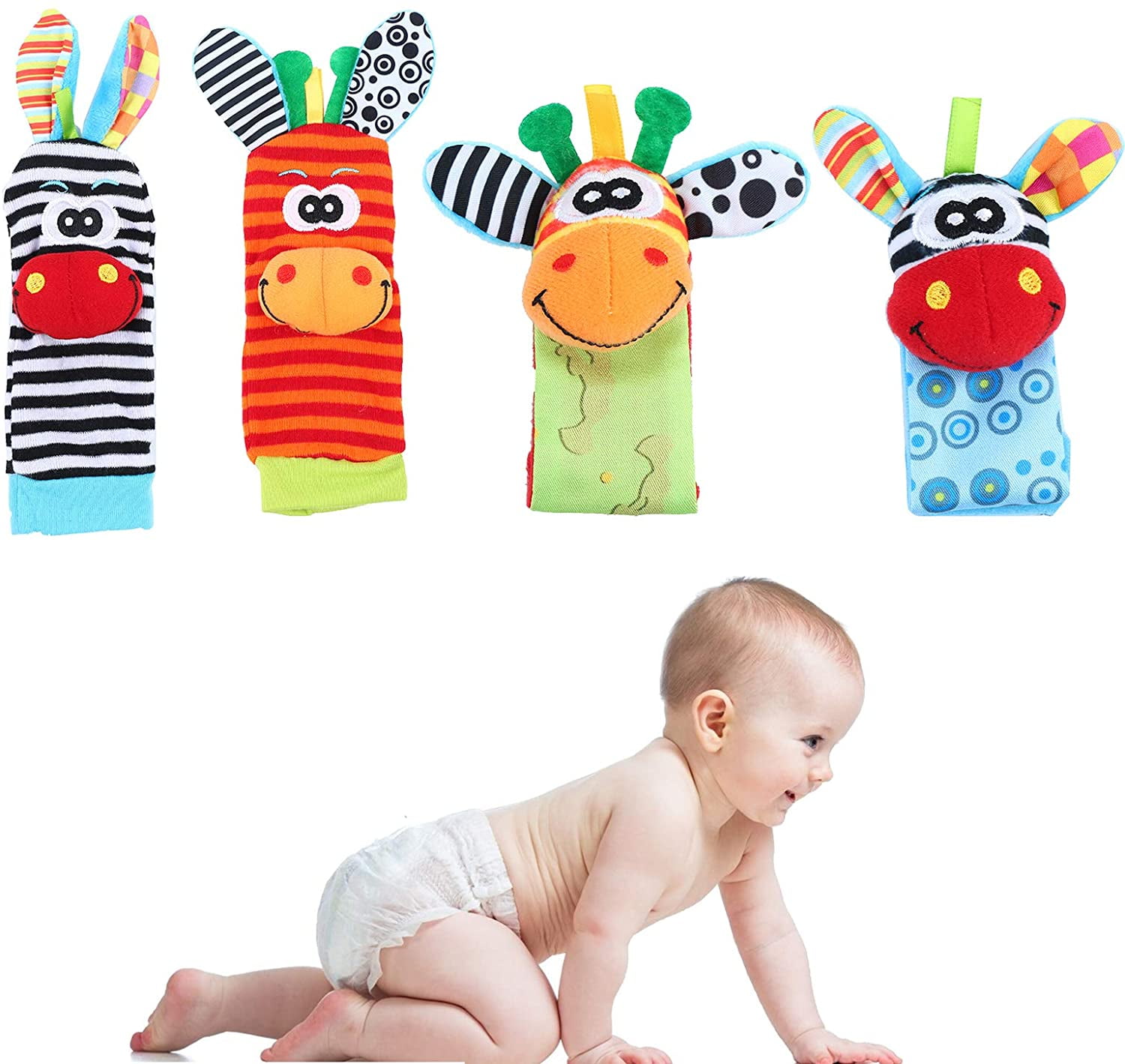 VONTER Baby Rattle Socks Wrist Rattle Toys - (4 Pack) Cute Animal Soft Baby Socks Toys Wrist Rattles and Foot Baby Finders for 0-3, 3-6, 6-12 Months Babies