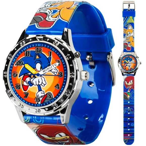 Reloj analógico Sonic The Hedgehog para niños, esfera colorida con Sonic, Tails y Knuckles, correa azul duradera, perfecto para jugadores jóvenes