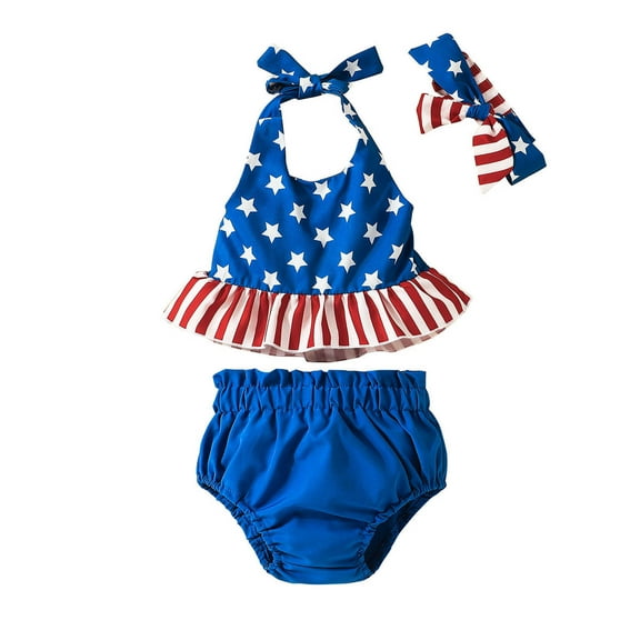 OAVQHLG3B 4th of July Baby Girl Outfits Independence Day Fashion American Flag Star Print Bow Romper Headdress Suit