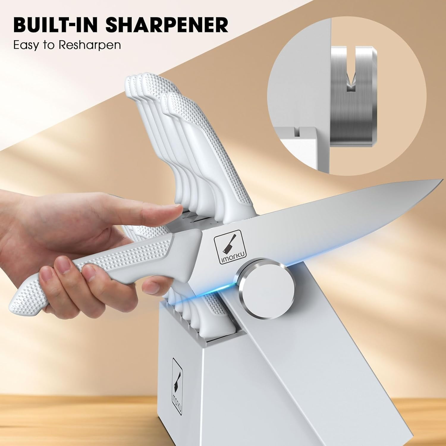 imarku Knife Set White, Sharp Knife Set with Block and Sharpener, Stainless Steel Kitchen Knife Set with Non-Slip Ergonomic Handle, Dishwasher Safe, 14pcs,Fathers Day Gifts