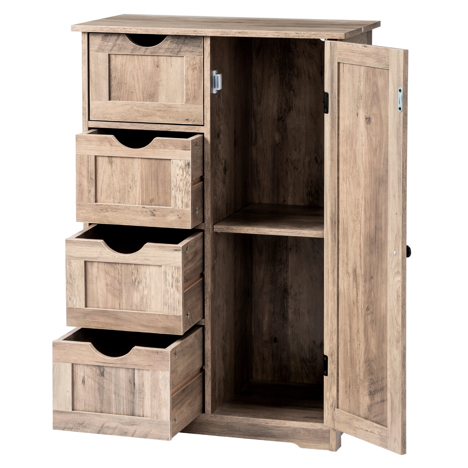 Ktaxon Wooden Bathroom Floor Cabinet, Side Storage Organizer with 4 Drawers, 1 Cupboard & 2-Shelves, Vintage Washed Gray