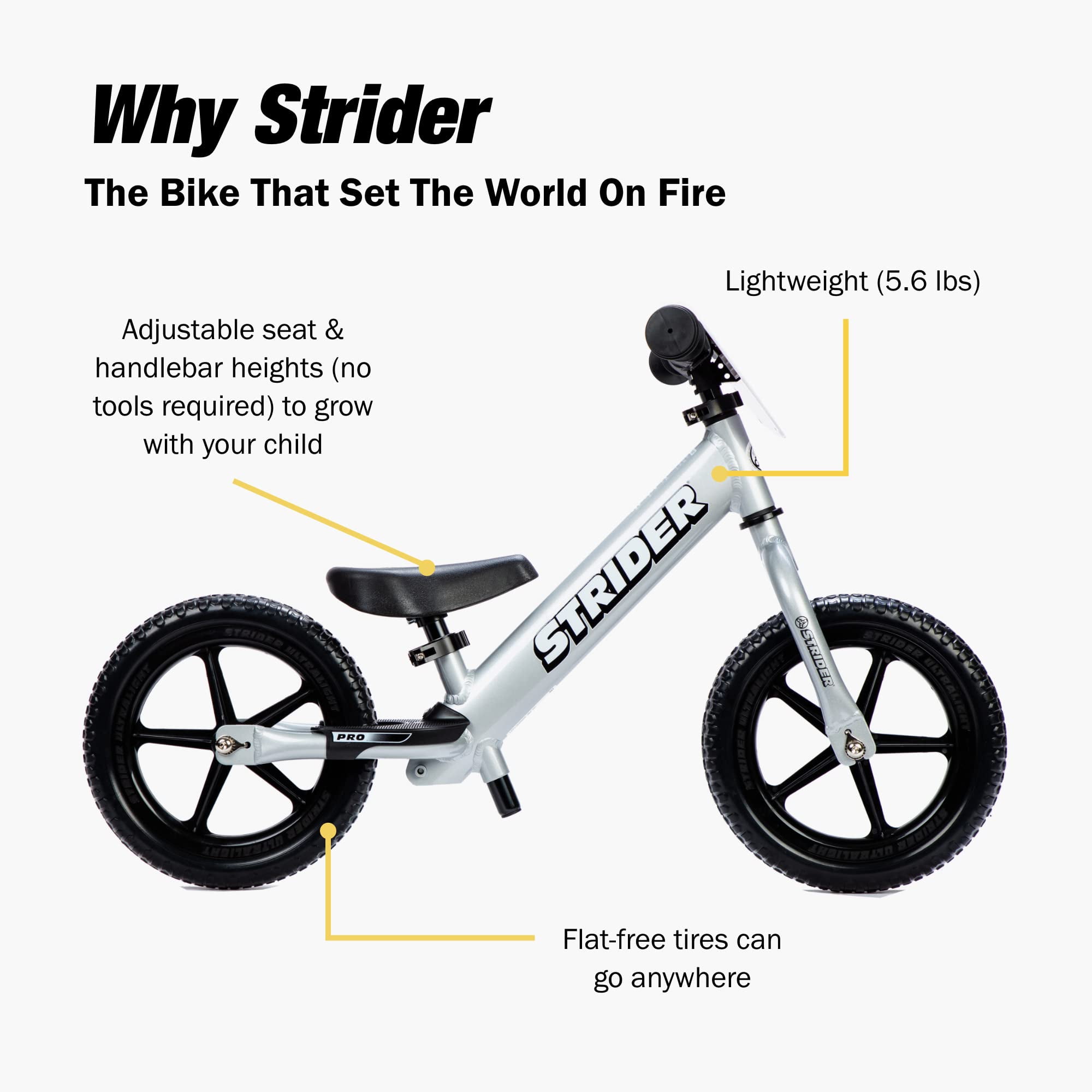 Strider 12” Pro Bike, Silver - No Pedal Balance Bicycle for Kids 1