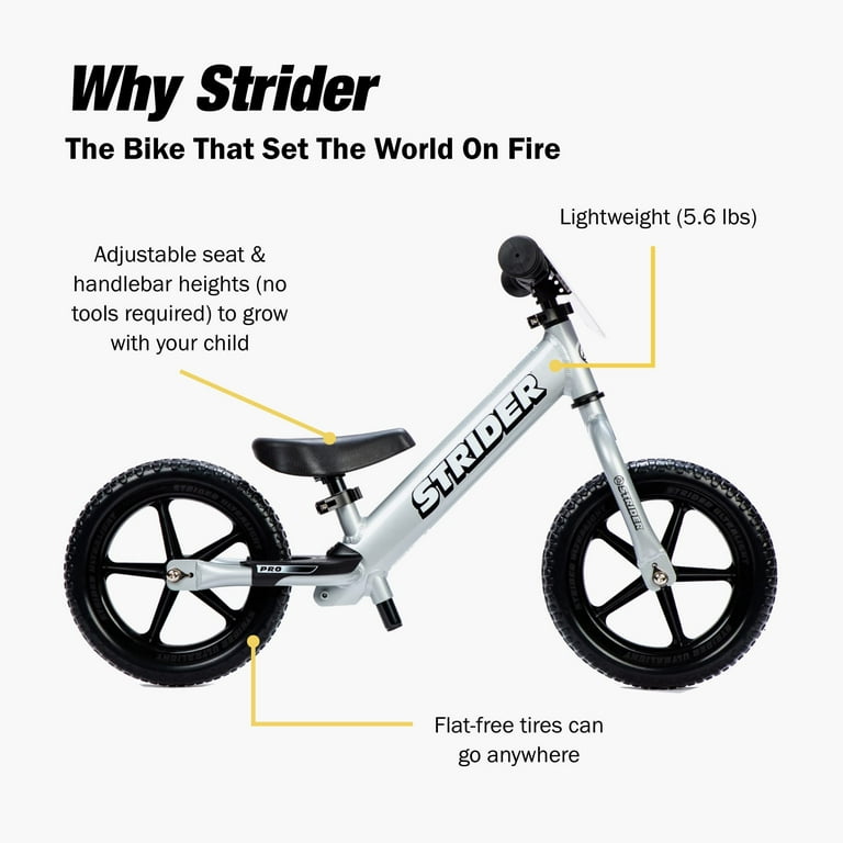 Strider 12” Pro Bike, Silver - No Pedal Balance Bicycle for Kids 1
