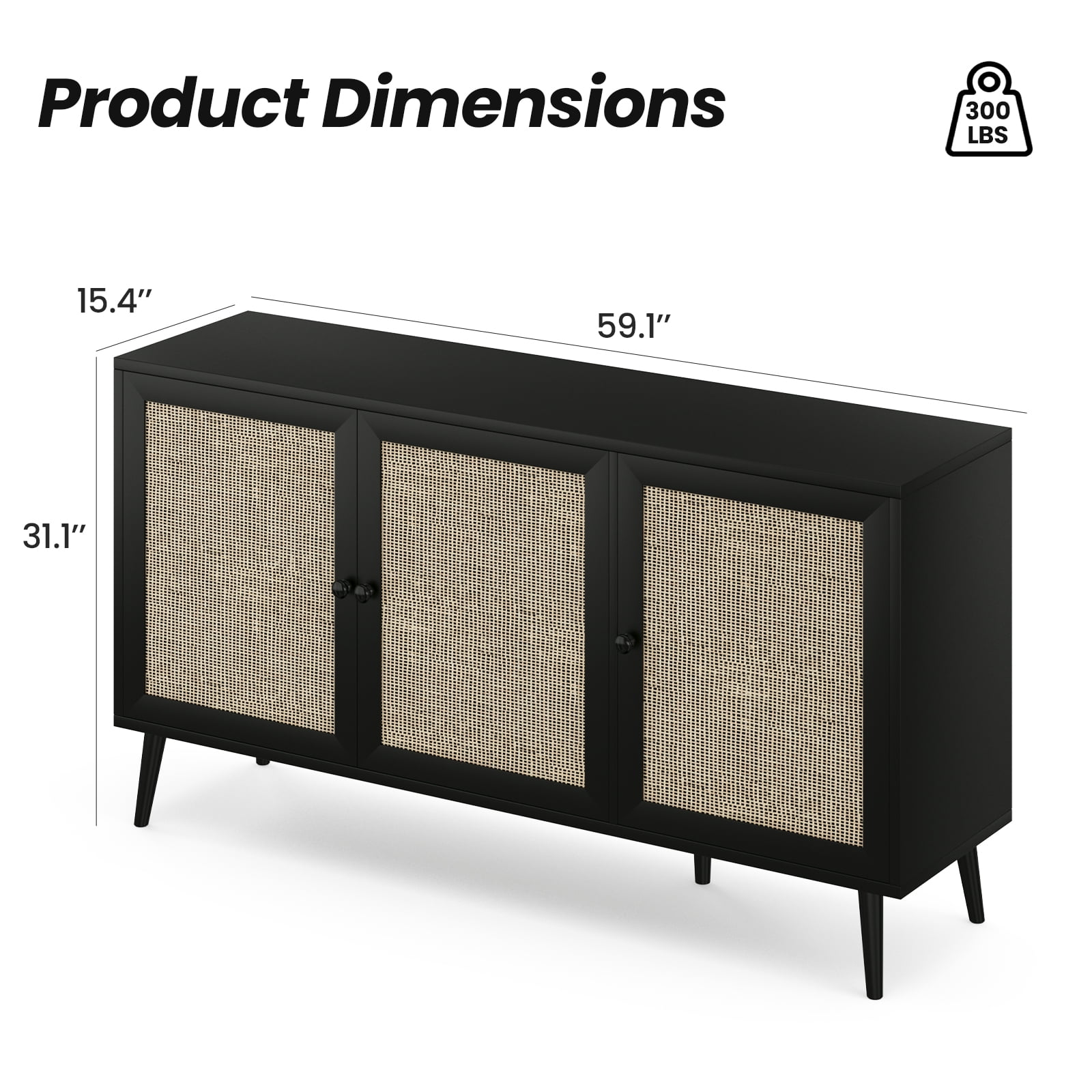 Aukfa Rattan Sideboard Buffet Cabinet,Accent Cabinet with Doors & Shelves for Kitchen, Living Room,Black