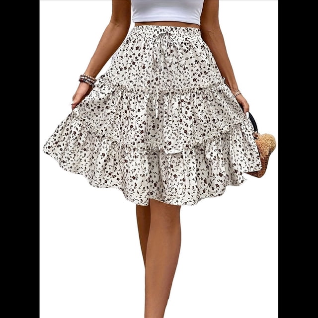 Falda de Mujer con Estampado Floral, Dobladillo con Volantes, Cintura Alta Elástica y Lazo Frontal. S