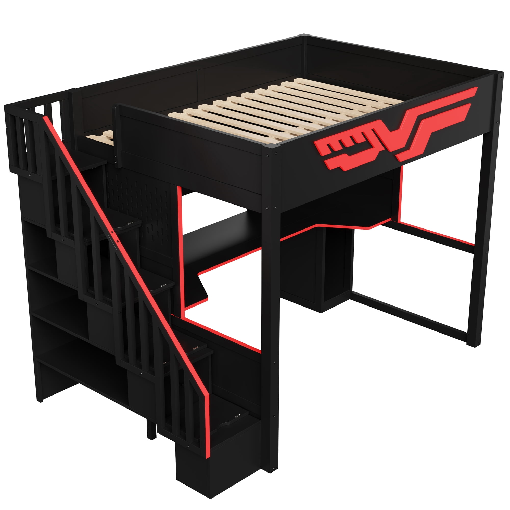 Euroco Wood Full Size Loft Bed with Desk and Staircase, Gaming Bed with LED Light and USB Charging, Black