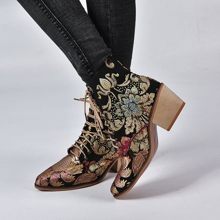 

Black Friday Clearance Juebong Winter Ladies Flat Embroidered Lace-up Retro Casual Ankle Boots