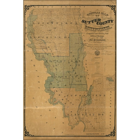 24"x36" Gallery Poster, Official map of Sutter County, California 1873