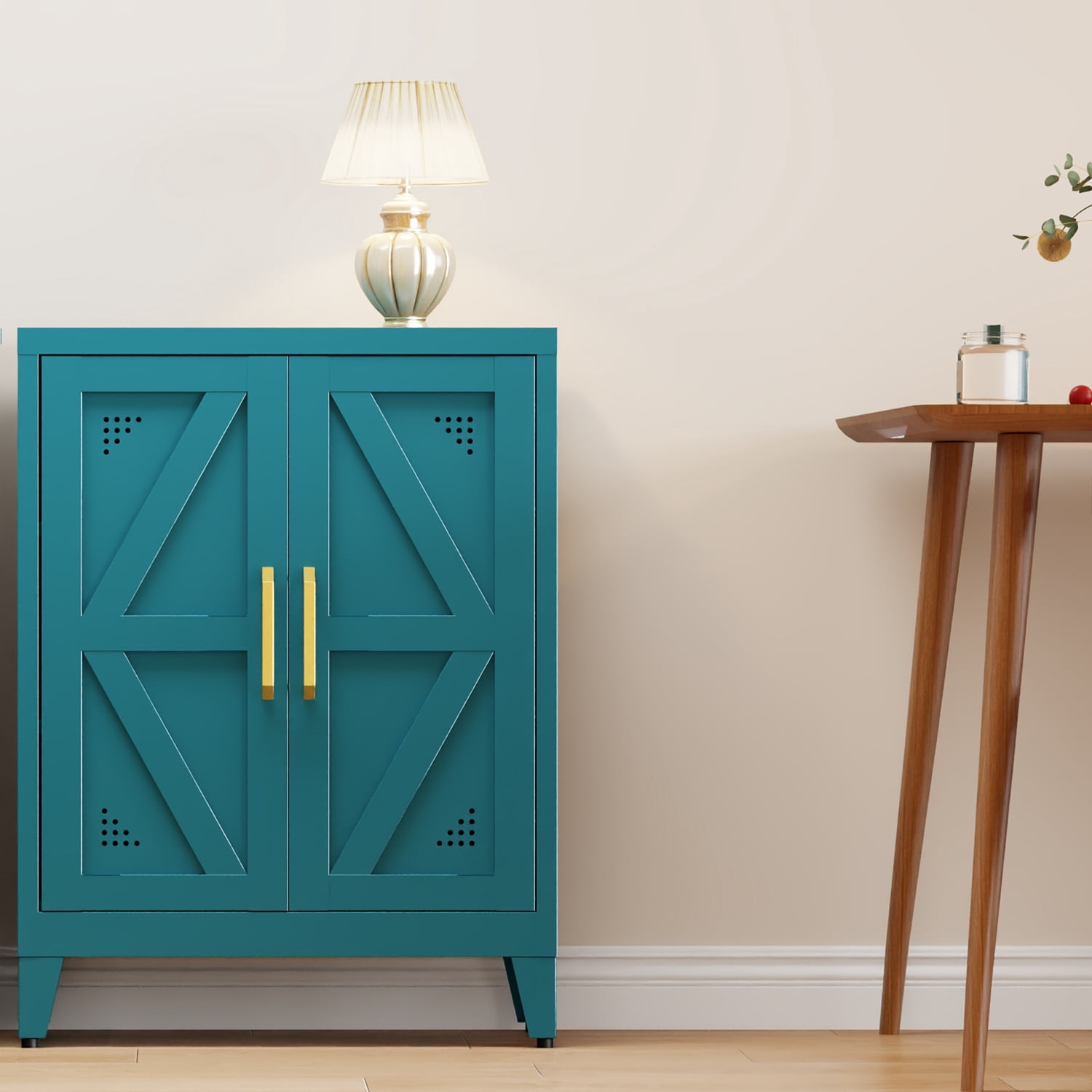 JHYKFG 32"Metal Bathroom Storage Cabinet,Freestanding Sideboard with 2 Adjustable Shelves for Small Spaces, Living Room, Hallway, Dining Room,Blue