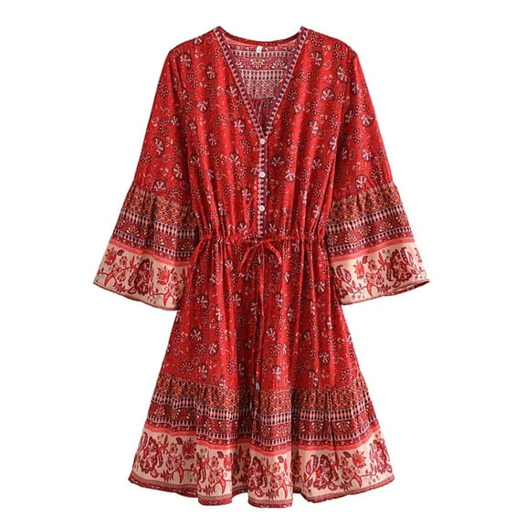 Spring Summer Women Floral Print Tassel V-neck Bohemian Mini Dresses Robe Lady Vacation Flare 3/4 Sleeve Beach Boho Dress Vestidos