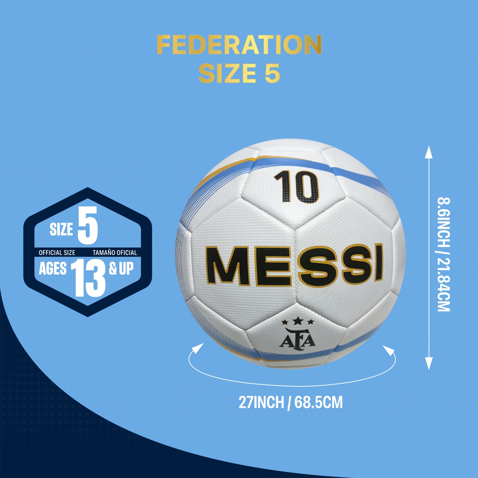 Icon Sports Argentina National Football Team (AFA) Size 5 Soccer Ball Licensed Light Blue Thunder Number 10