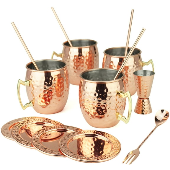 pg tail bar set, 15-pc /rose color, high grade ss, w/4xmoscow mule mugs, 4xstraws w/cleanser, 4xcoaster, double jigger and double-head stirrer