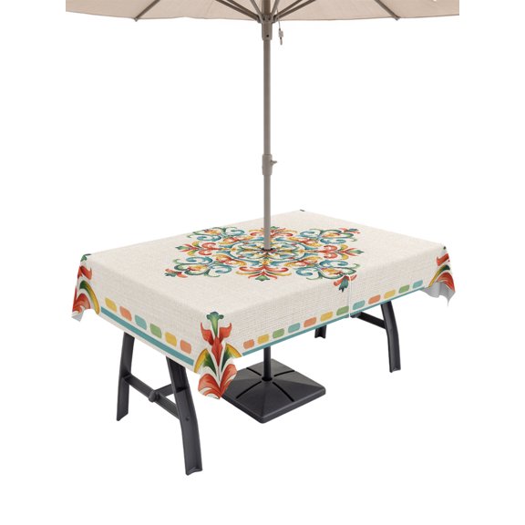 Outdoor Tablecloth with Umbrella Hole for Patio/Picnic/Party/Camping, Geometric Flowers Waterproof Table Cloth Rectangle Table Cover Washable, Modern Abstract Colorful Floral on Linen (60"x 102")