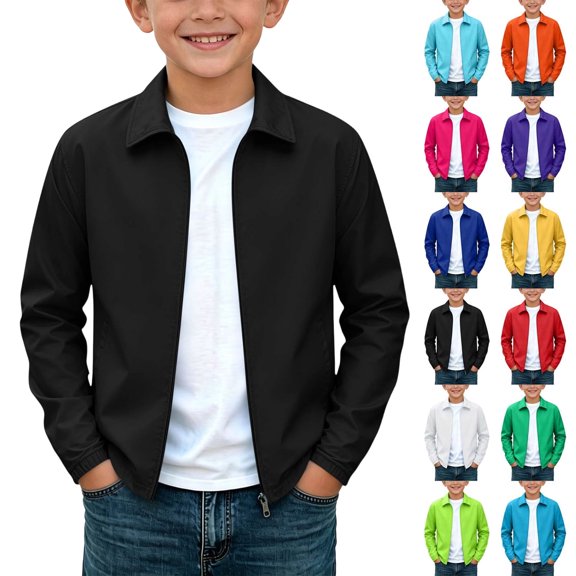 Solid Color Recreational Sports Long Sleeve Collar Blouse Outdoor Hooded Jacket Waterproof Windproof Cardigan Jacket Kids Size 16-17Years